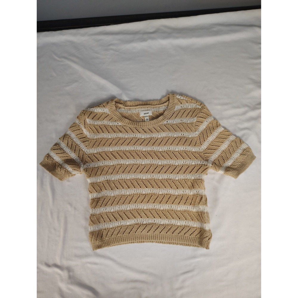 Aerie Women‎ Tan White Striped Pointelle Knit Short Sleeve Sweater Top XS 2034